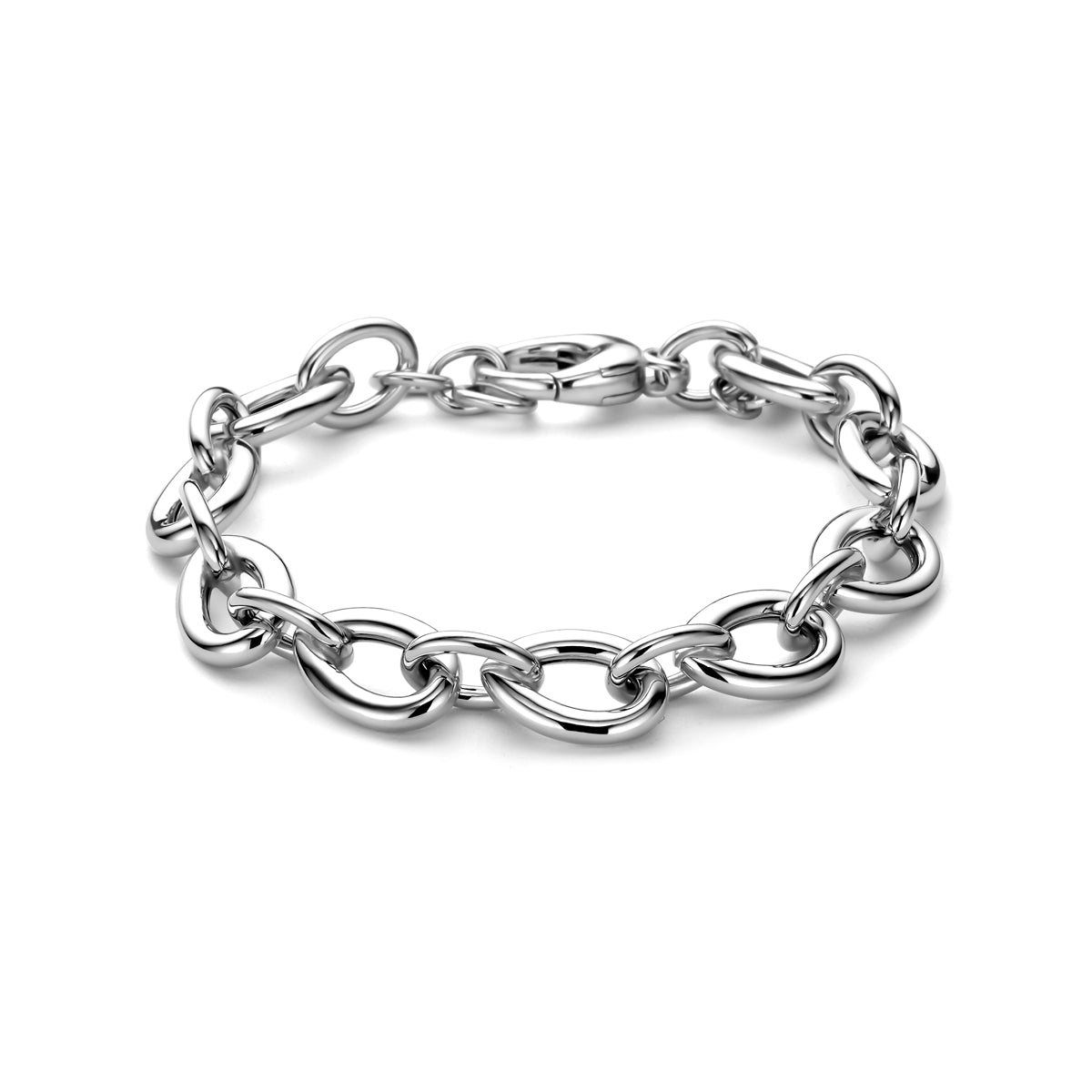 Vooraanzicht van de zilveren brede ankerarmband.