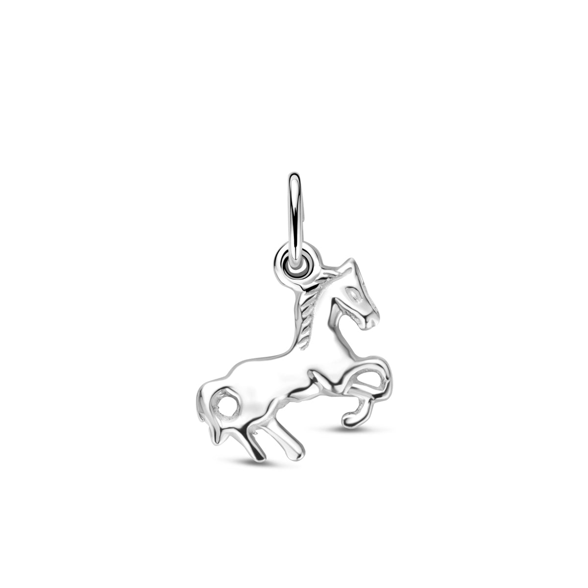 Vooraanzicht van de 925 gerhodineerd zilveren dierenhanger paard, 18,5 mm hoog inclusief oog en 13,5 mm breed.