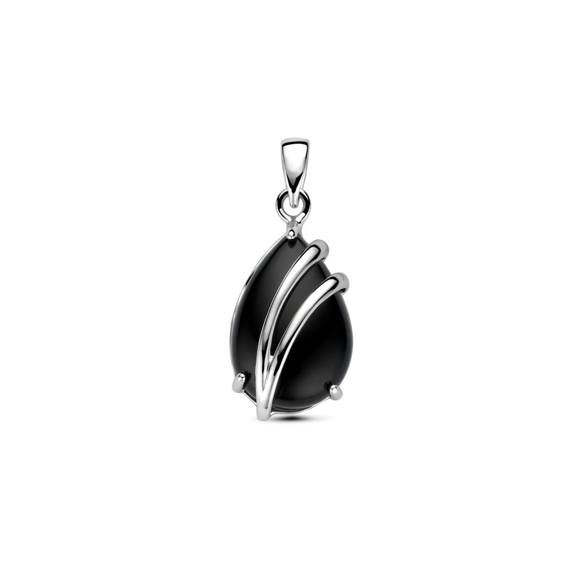 Vooraanzicht van de 925 gerhodineerd zilveren druppel hanger met zwarte onyx, 16 mm hoog en 8 mm breed.