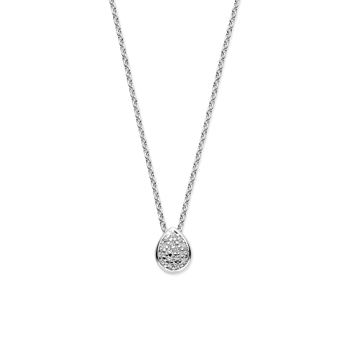 Vooraanzicht van de 925 gerhodineerd zilveren druppel ketting met zirkonia, 8 mm hoog en 6,5 mm breed.