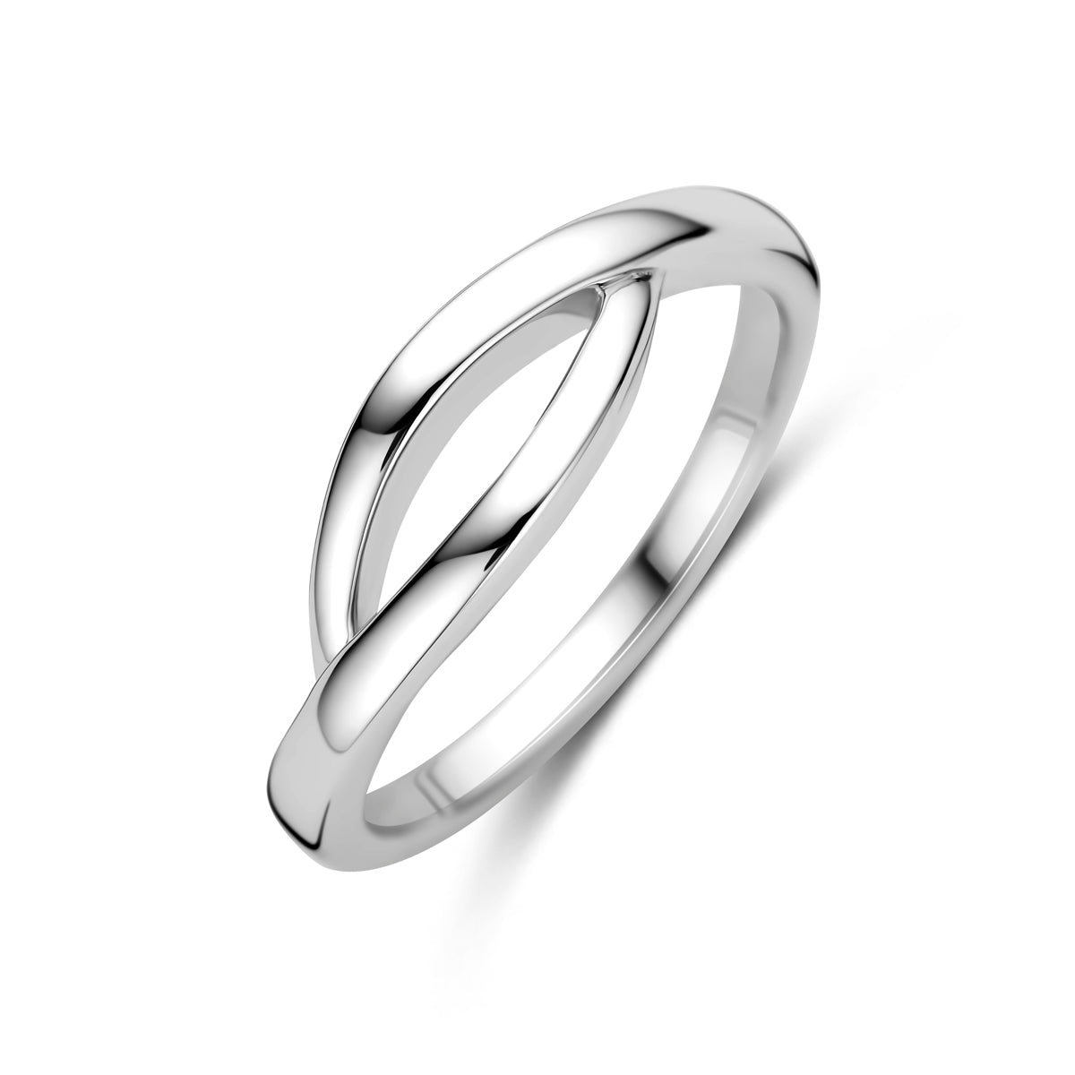 Schuin bovenaanzicht van de zilveren dubbele ring.