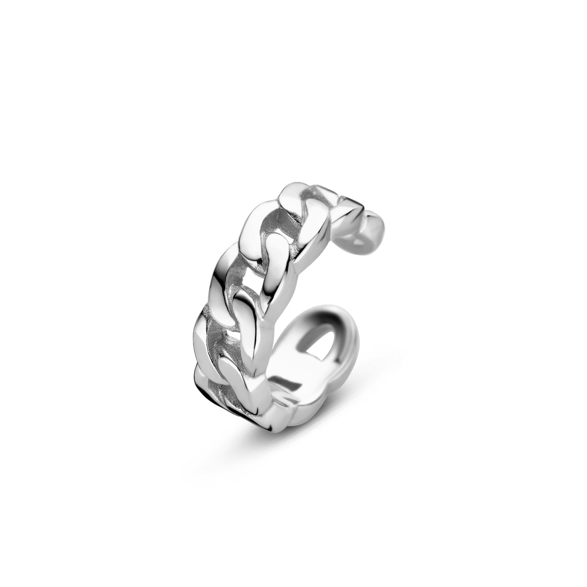 Vooraanzicht van de zilveren ear cuff met schakelmotief.