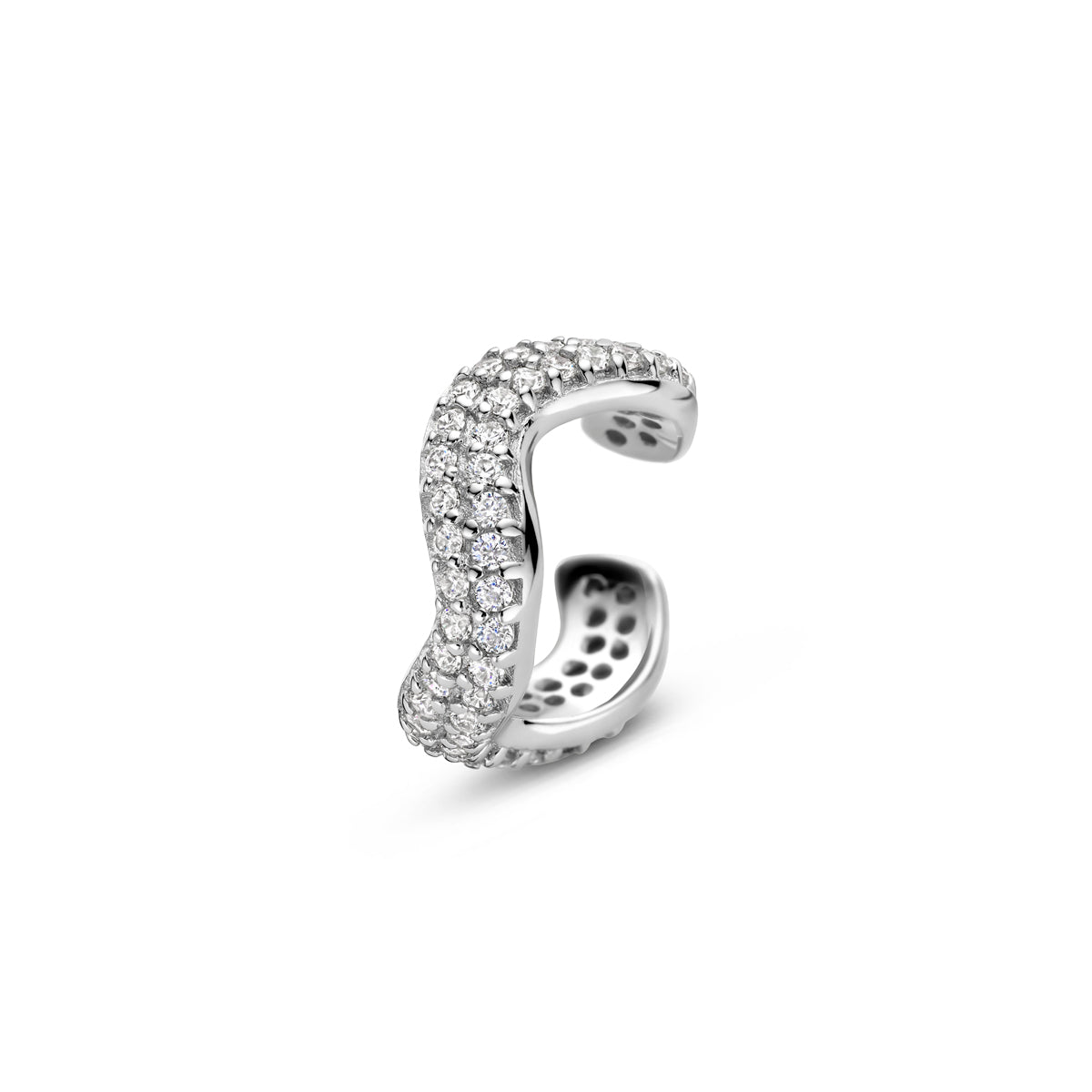 Vooraanzicht van de zilveren ear cuff met zirkonia.