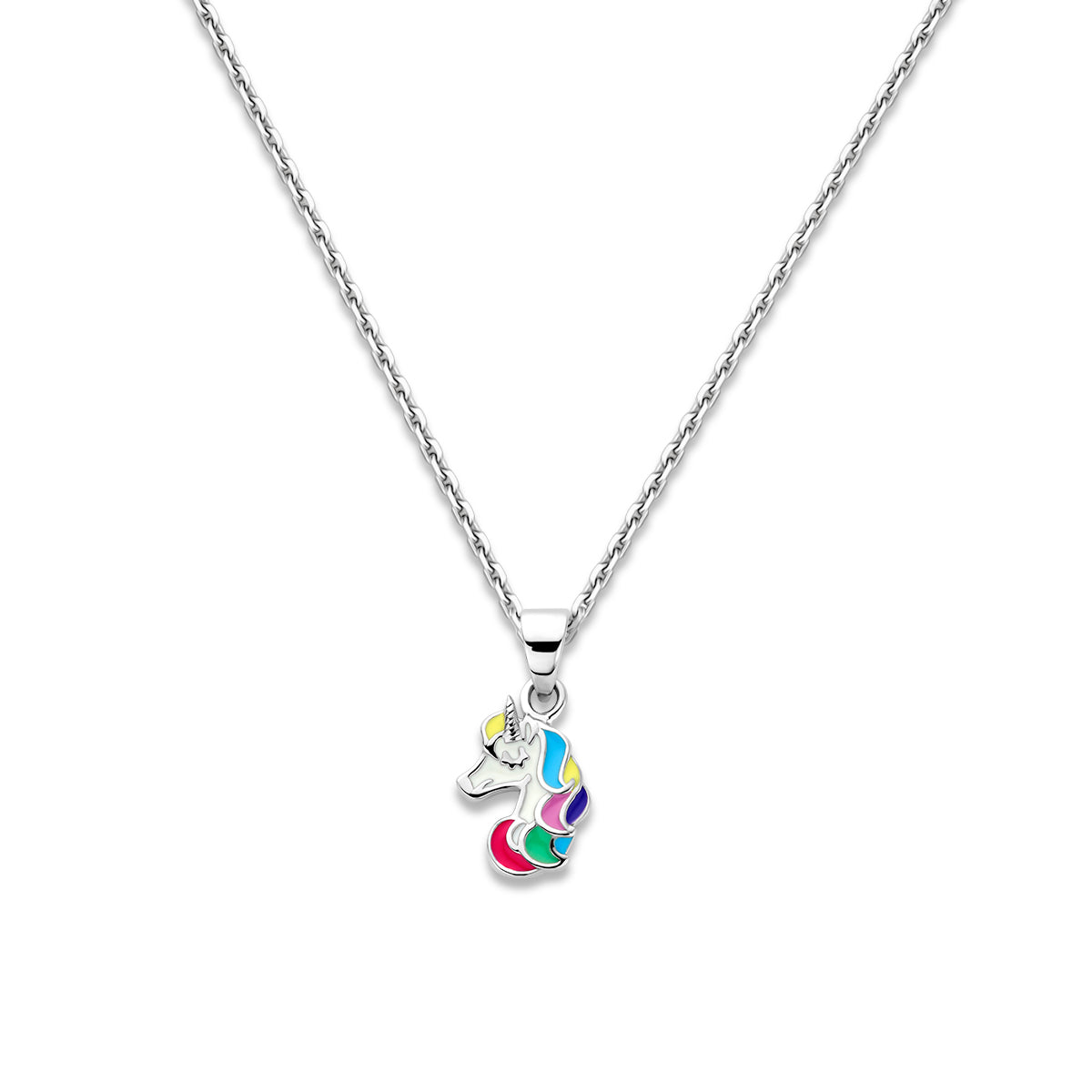 Vooraanzicht van de zilveren eenhoorn ketting met gekleurde emaille.
