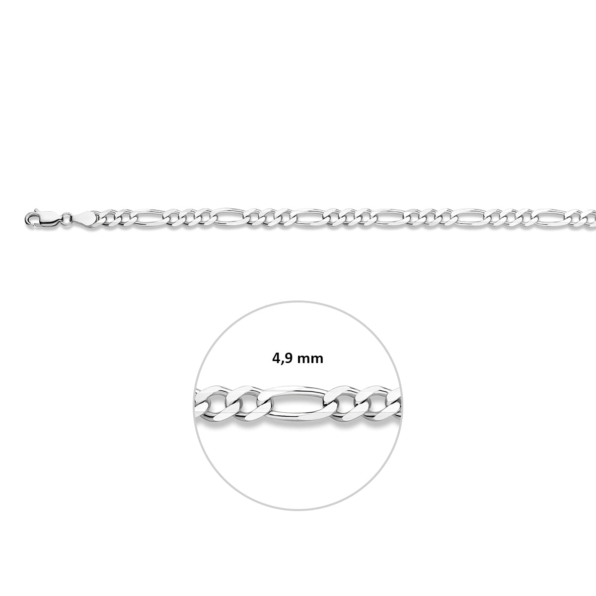 Zilveren figaro armband: 925 gerhodineerd zilveren figaro armband, met de schakelbreedte van 4,9 mm aangegeven