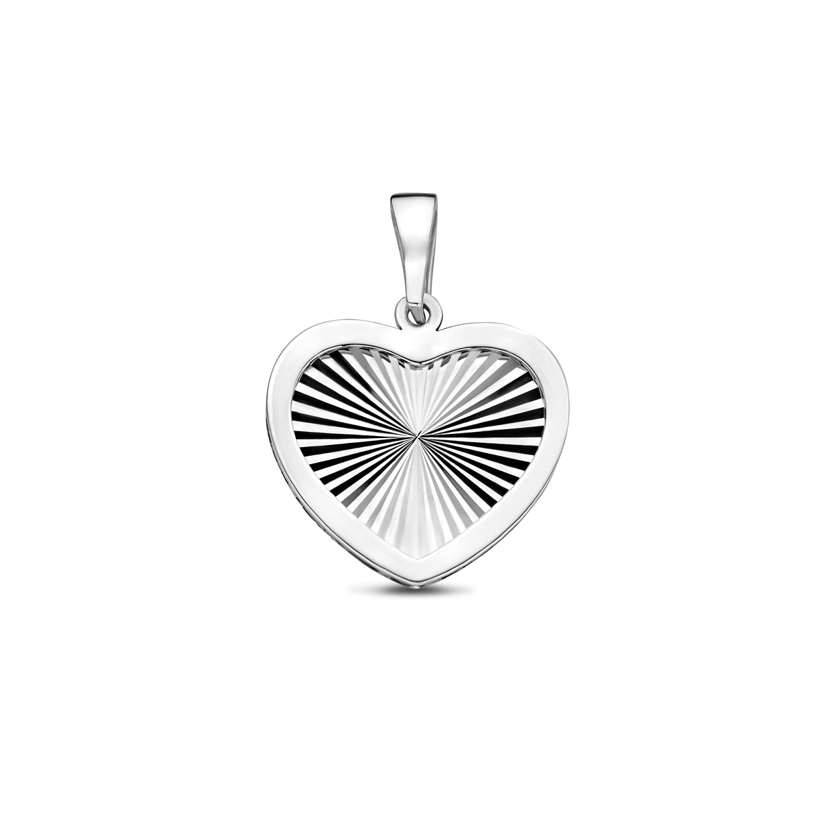 Vooraanzicht van de zilveren gediamanteerde hart hanger.