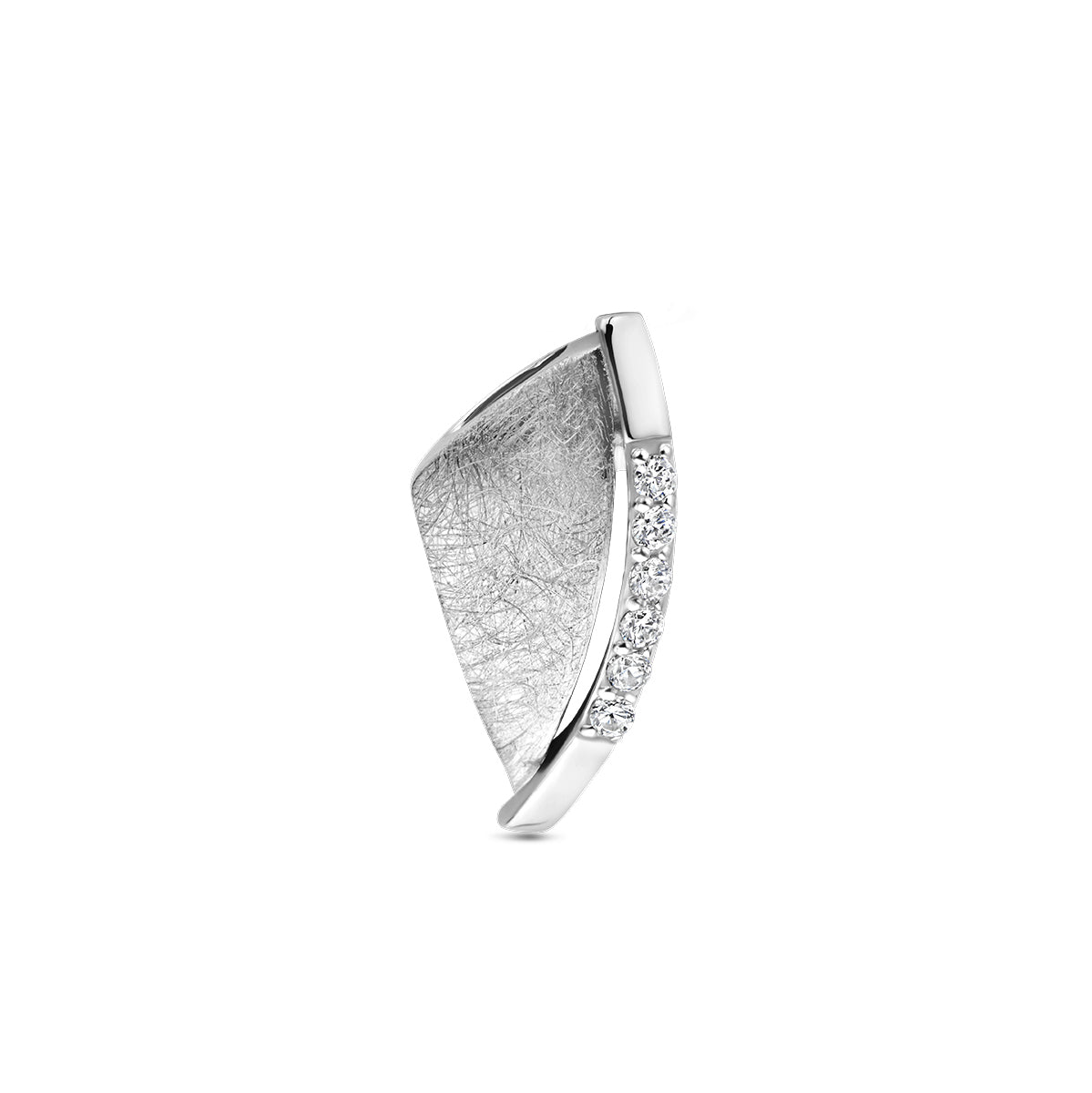 Vooraanzicht van de 925 gerhodineerd zilveren gescratchte hanger met zirkonia, 17 mm hoog en 8,5 mm breed.