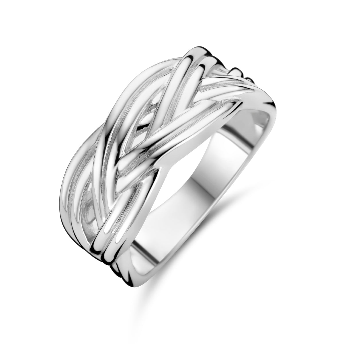 Schuin bovenaanzicht van de zilveren gevlochten ring.