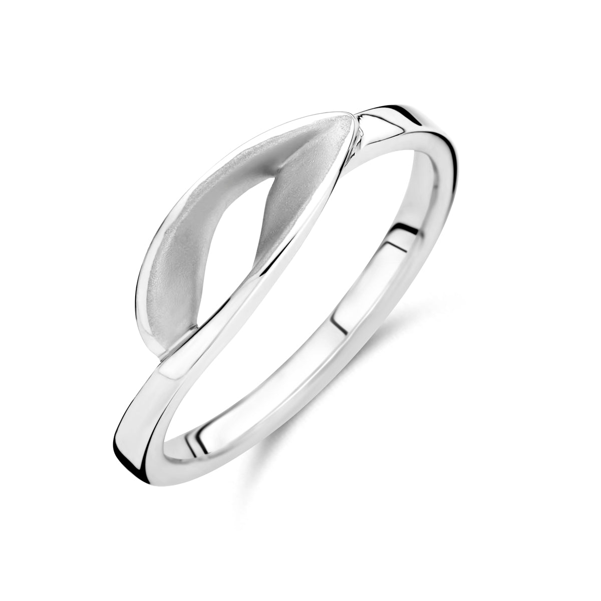 Schuin bovenaanzicht van de zilveren golvende ring.