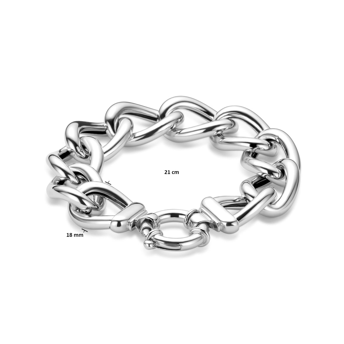 Afmetingen van de zilveren gourmet armband met groot slot: 21 cm lang en 18 mm breed.