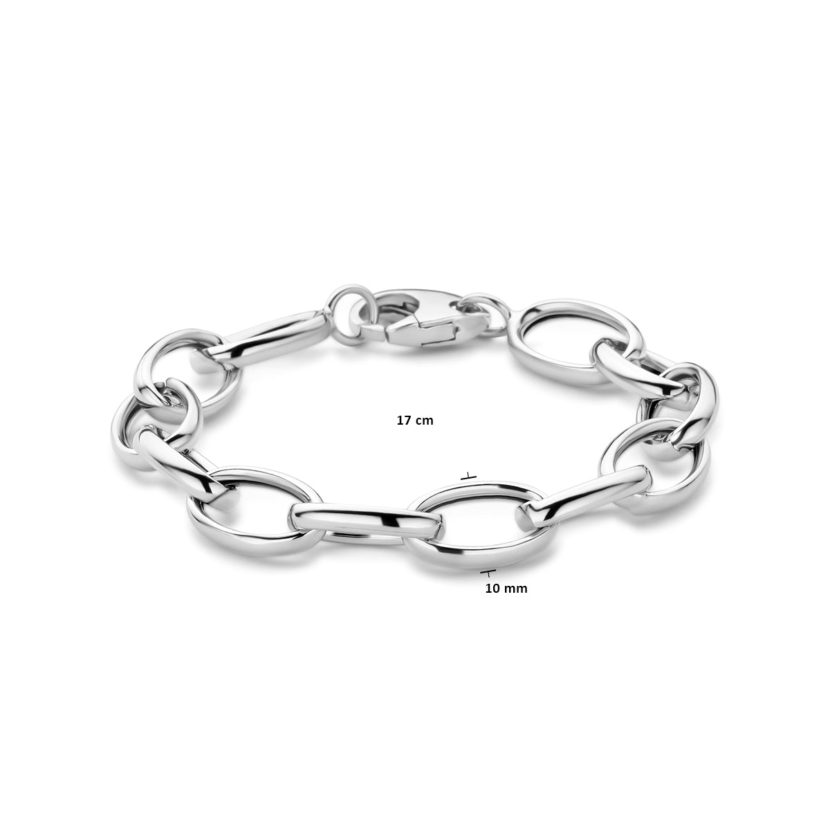 Afmetingen van de zilveren grove ankerarmband: 17 cm lang en 10 mm breed.