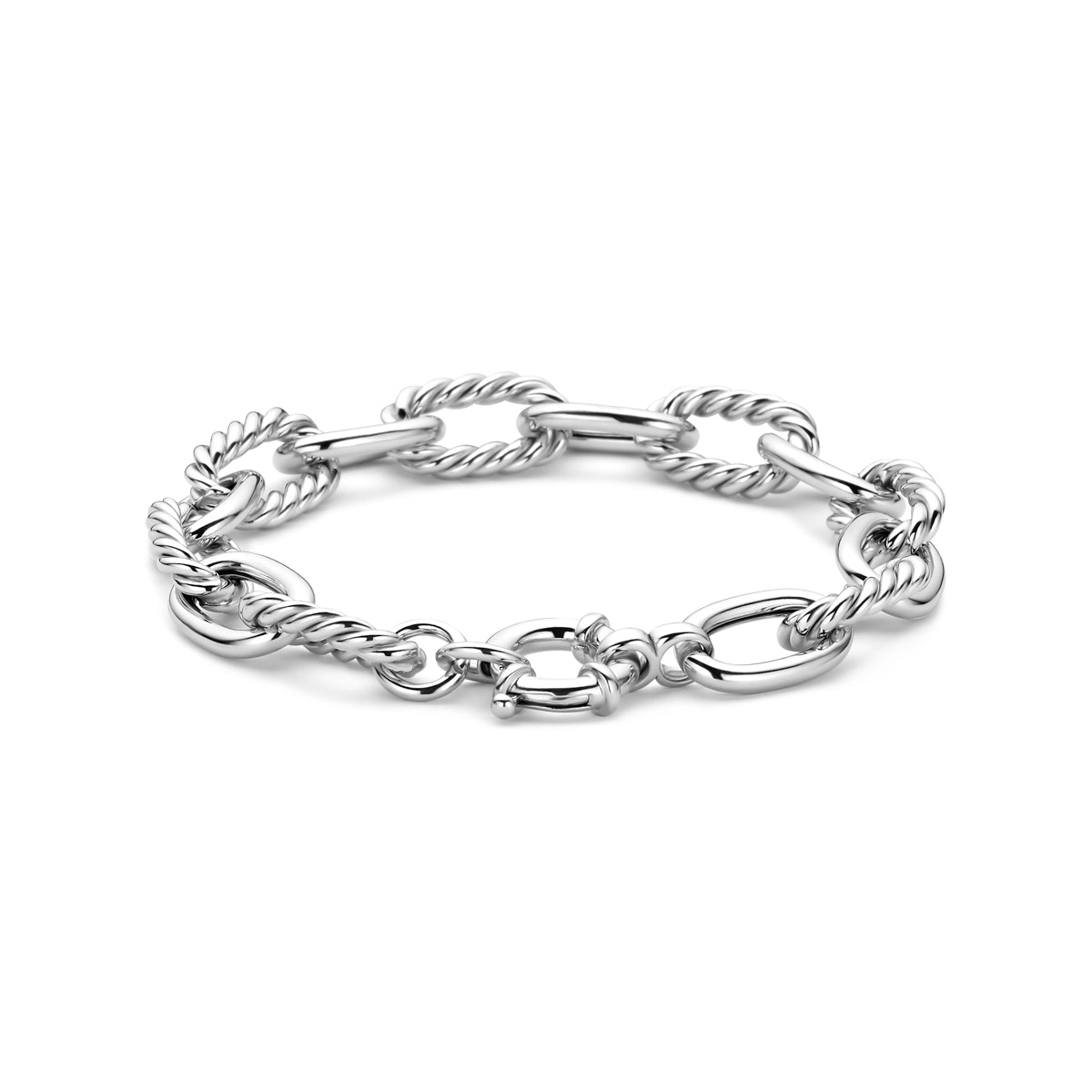 Vooraanzicht van de zilveren grove ankerarmband met groot slot.