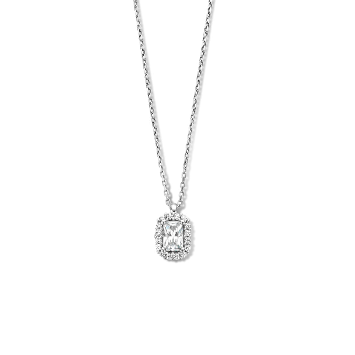 Vooraanzicht van de 925 gerhodineerd zilveren halo ketting met zirkonia, 12 mm hoog en 7,5 mm breed.