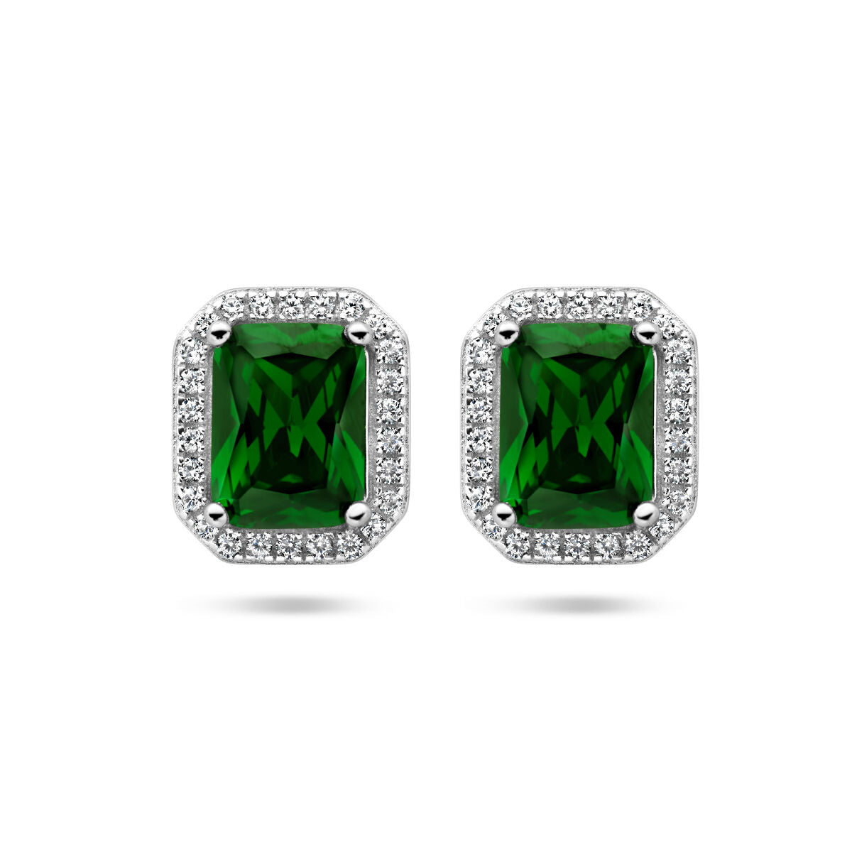 Vooraanzicht van de 925 gerhodineerd zilveren halo oorknopjes met groene zirkonia, 11 mm hoog en 9,5 mm breed.