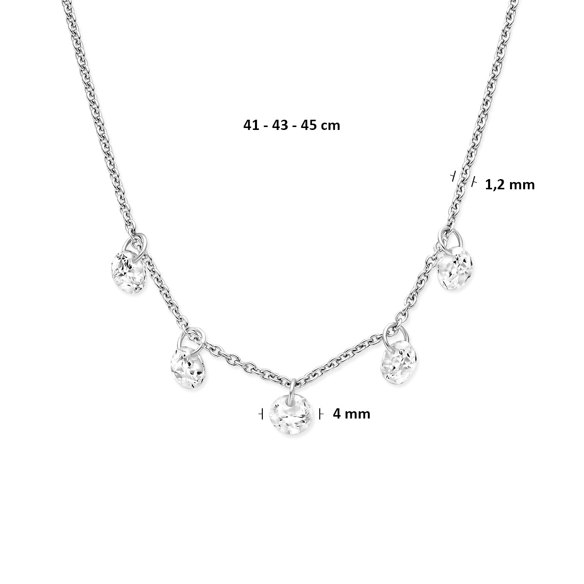 Afmetingen van de zilveren halsketting met zirkonia hanger: draaglengte 41, 43 of 45 cm, zirkonia 4 mm.