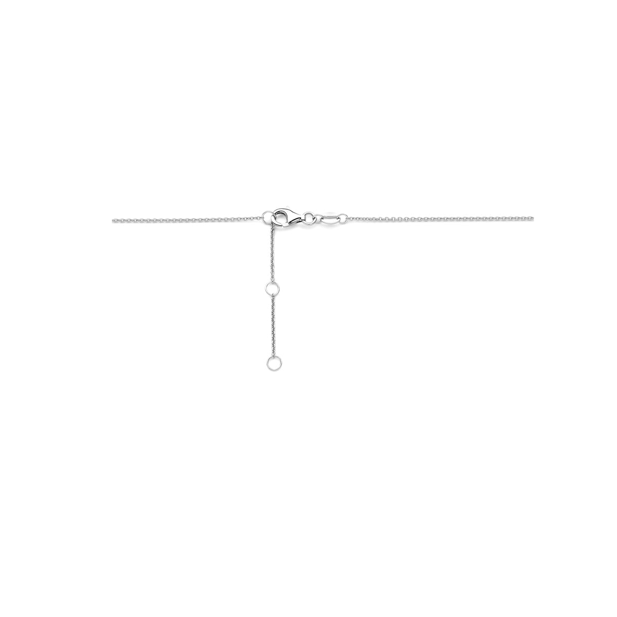 Detail van de zilveren halsketting met zirkonia hanger.