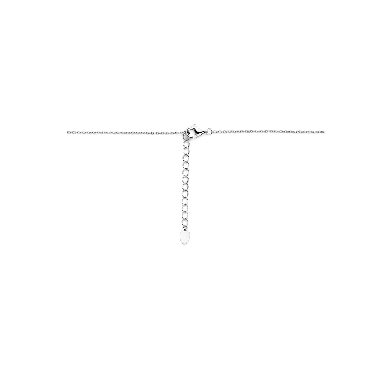 Detail van de zilveren halsketting met zirkonia hanger.