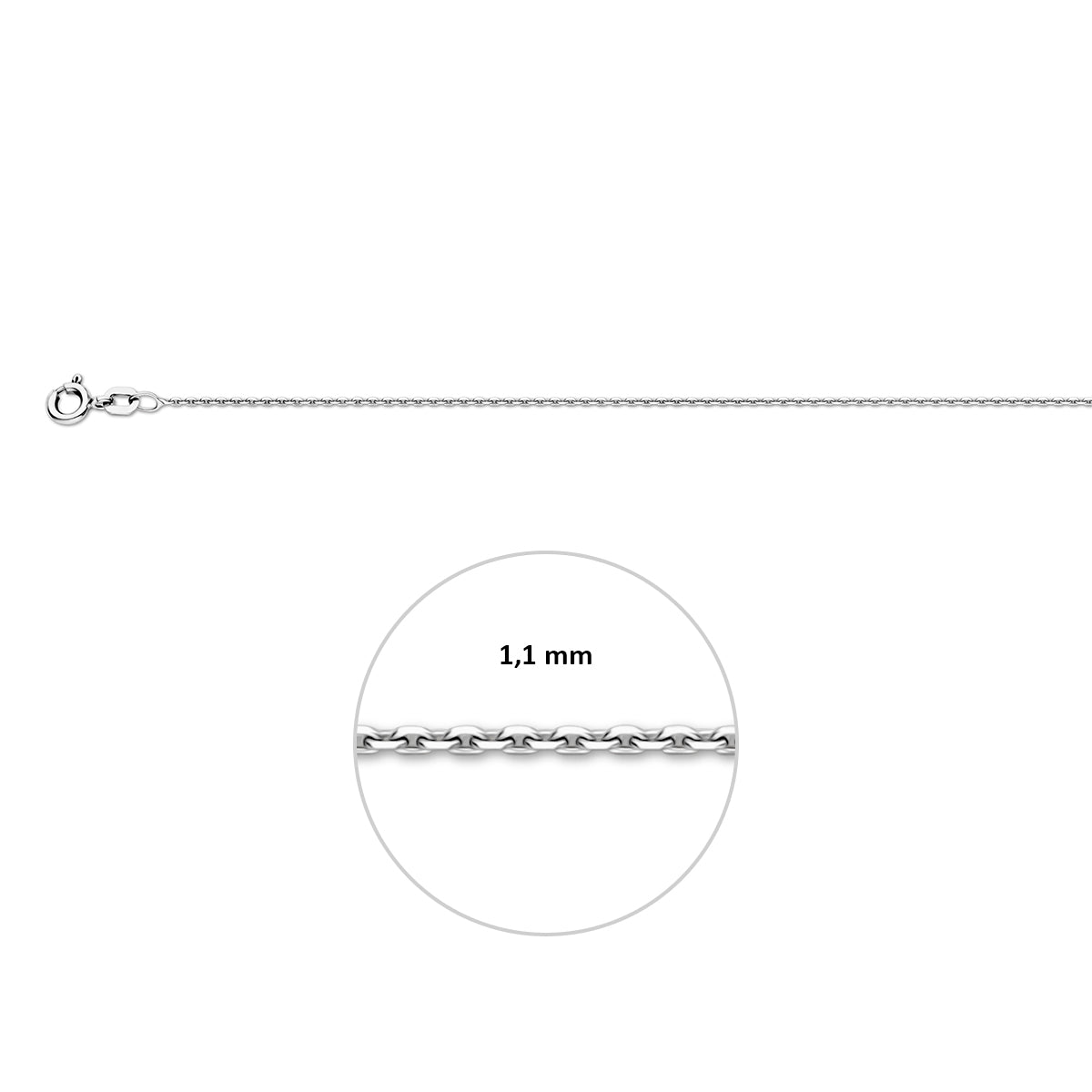 Zilveren ankerketting: 925 gerhodineerd zilveren gediamanteerde ankerhalsketting, met de schakelbreedte van 1,1 mm aangegeven (42, 45 en 50 cm)
