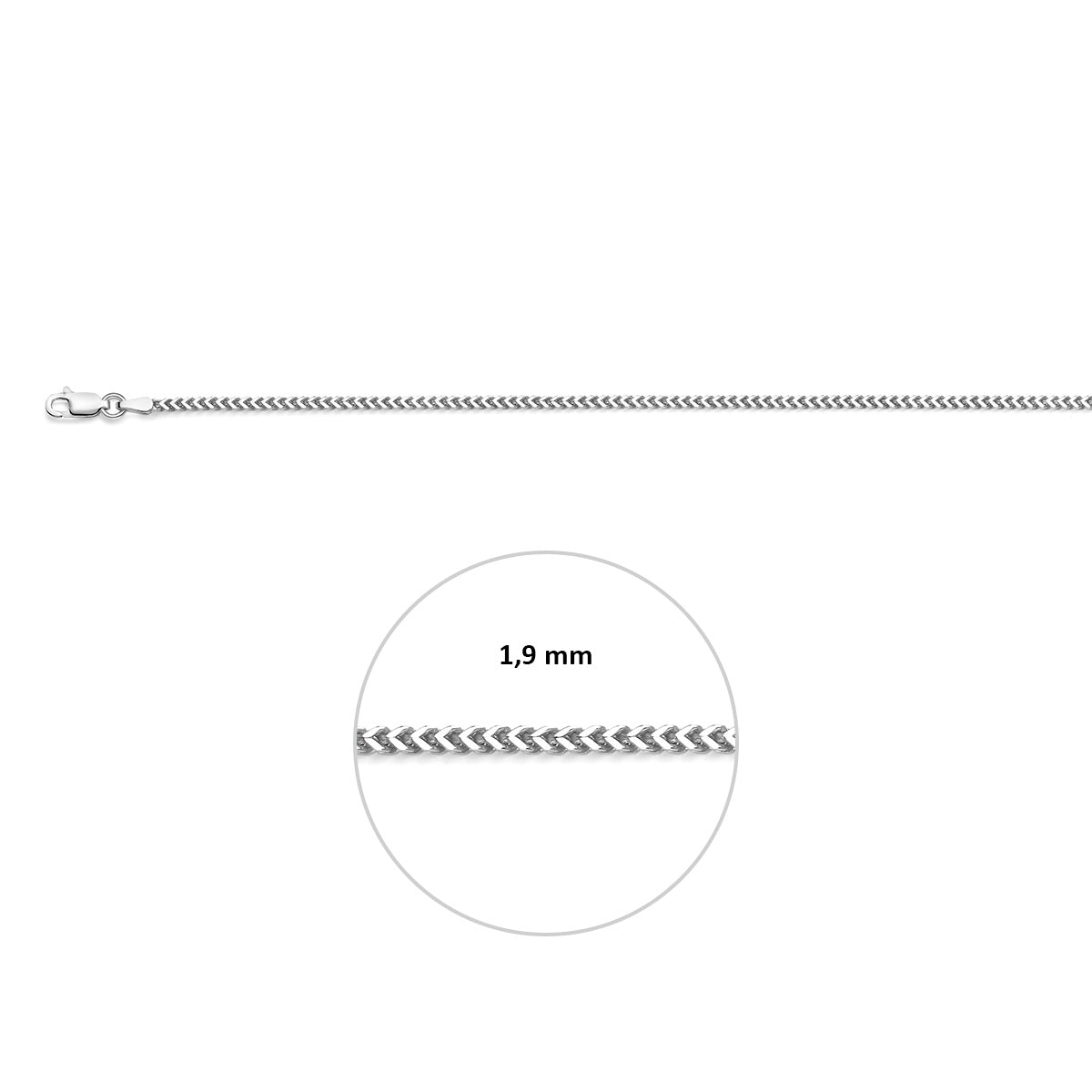 Zilveren gourmet ketting heren: 925 gerhodineerd zilveren gourmette halsketting, met de schakelbreedte van 1,9 mm aangegeven