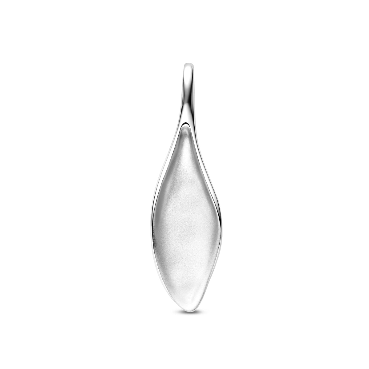 Vooraanzicht van de 925 gerhodineerd zilveren hanger druppelvorm, 44,5 mm hoog en 12,5 mm breed.