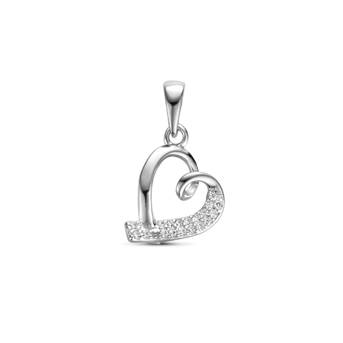 Vooraanzicht van de 925 gerhodineerd zilveren hanger hartje met zirkonia, 12 mm hoog en 10 mm breed.