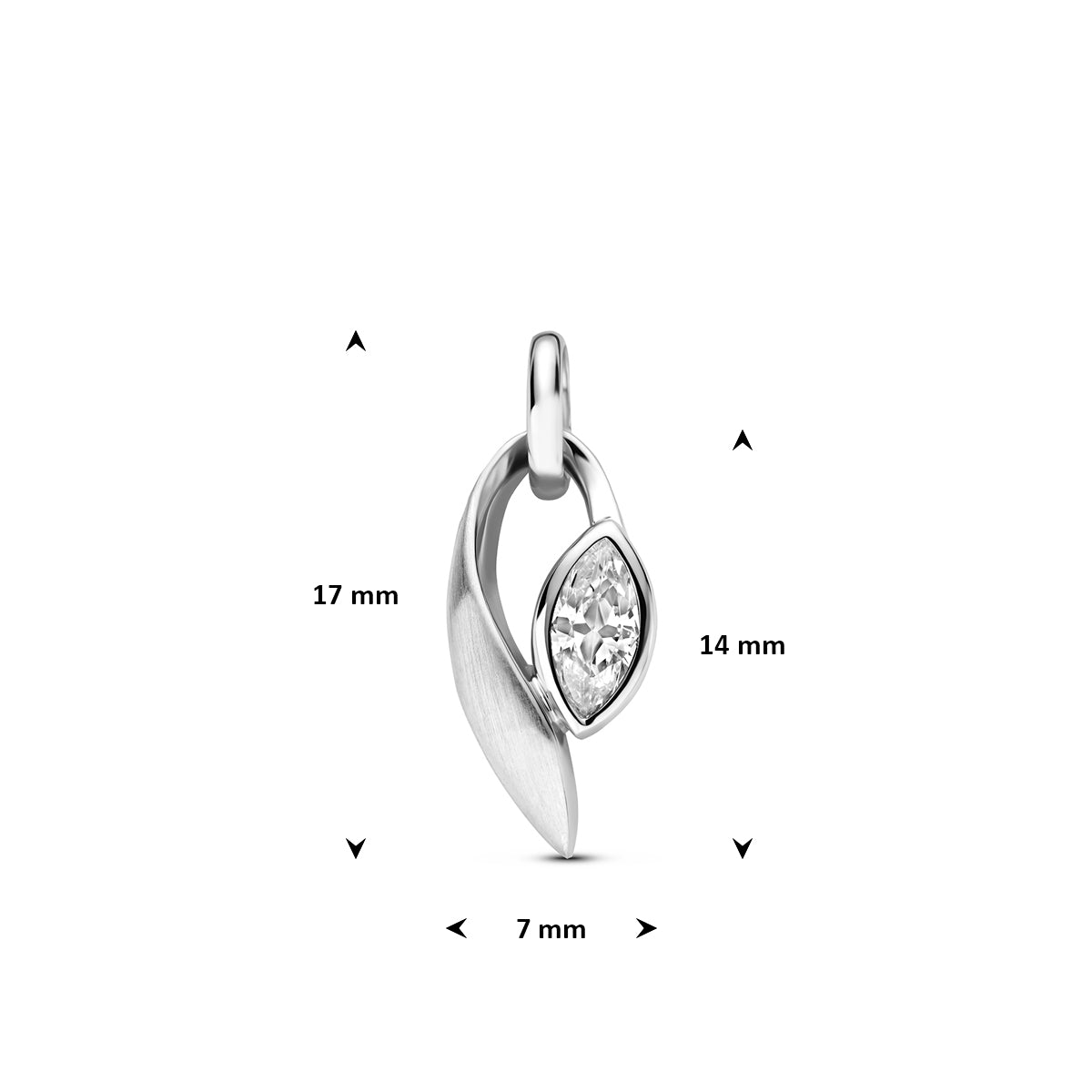 Zilveren hanger met zirkonia: afmetingen van de 925 gerhodineerd zilveren hanger met marquise zirkonia, 17 mm hoog inclusief oog en 7 mm breed.