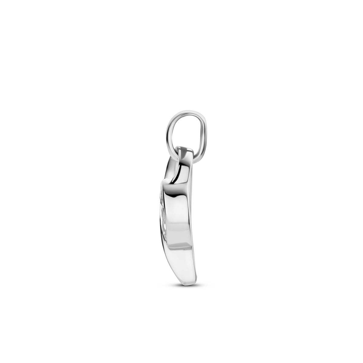 Zilveren hanger met zirkonia: zijaanzicht van de 925 gerhodineerd zilveren hanger met marquise zirkonia.