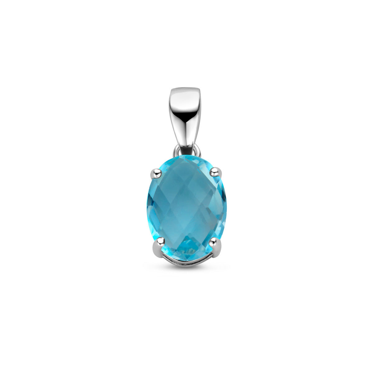 Vooraanzicht van de zilveren hanger met blauwe topaas.
