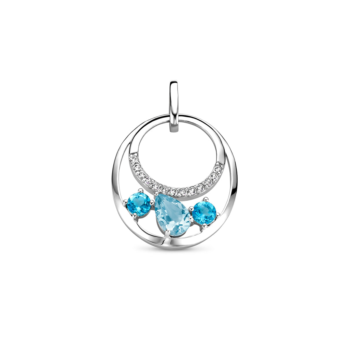 Vooraanzicht van de 925 gerhodineerd zilveren hanger met blauwe topaas, 24 mm hoog en 16 mm breed.