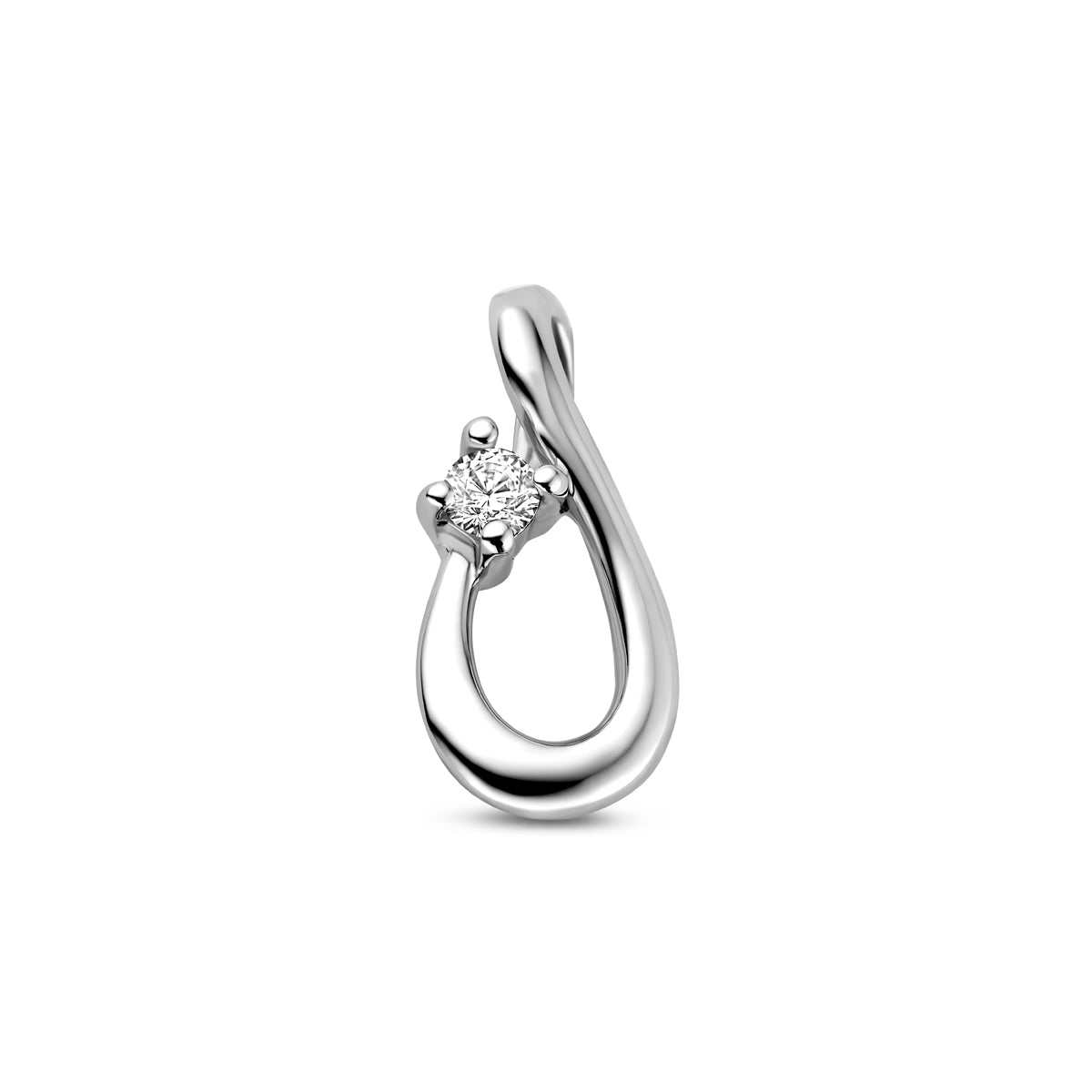 Vooraanzicht van de 925 gerhodineerd zilveren hanger met zirkonia, 14,5 mm hoog en 7 mm breed.