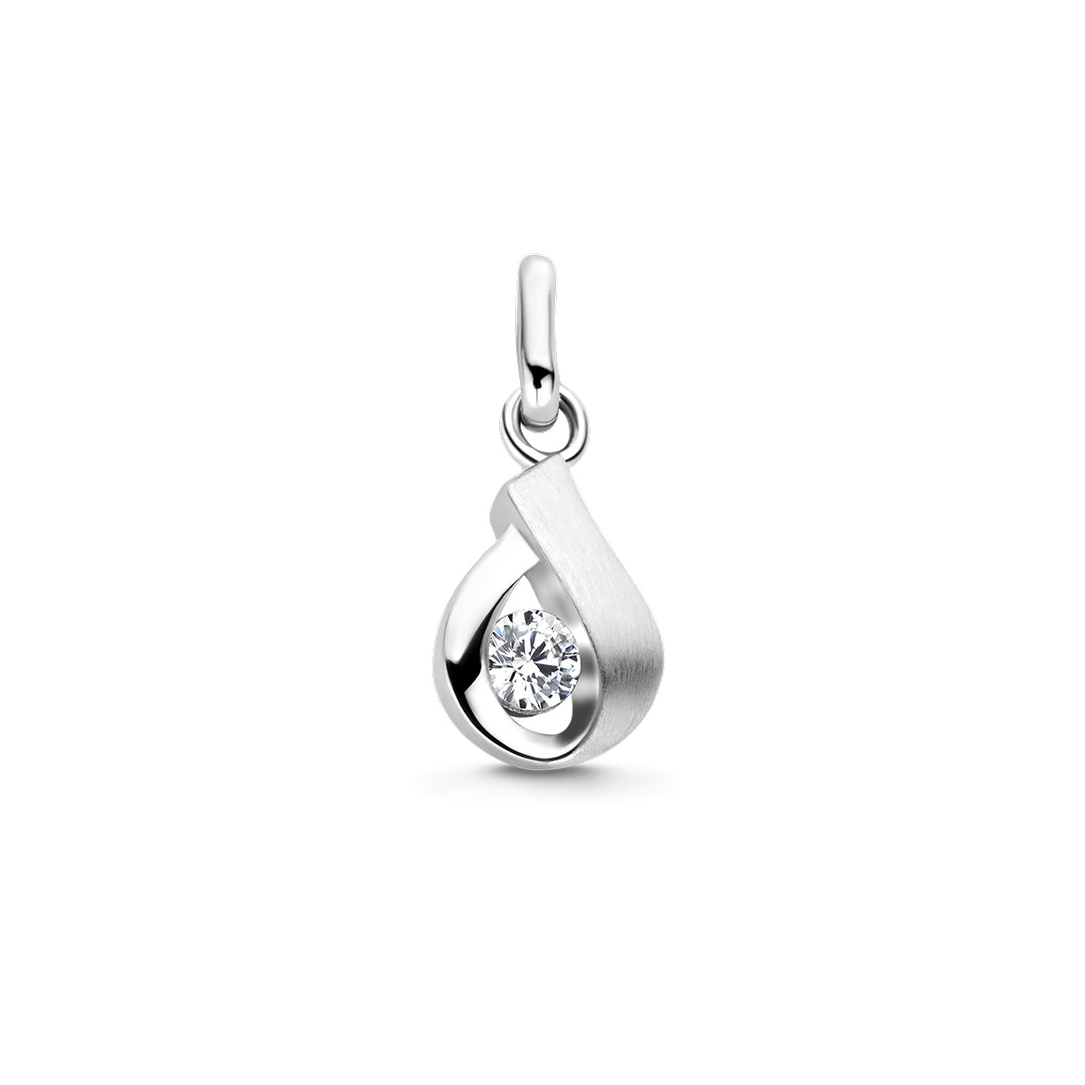 Vooraanzicht van de 925 gerhodineerd zilveren hanger met zirkonia, 16 mm hoog en 7 mm breed.