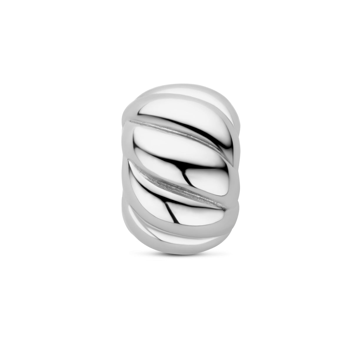 Vooraanzicht van het zilveren hangertje voor ketting: een gedraaide rondel van 925 gerhodineerd zilver.