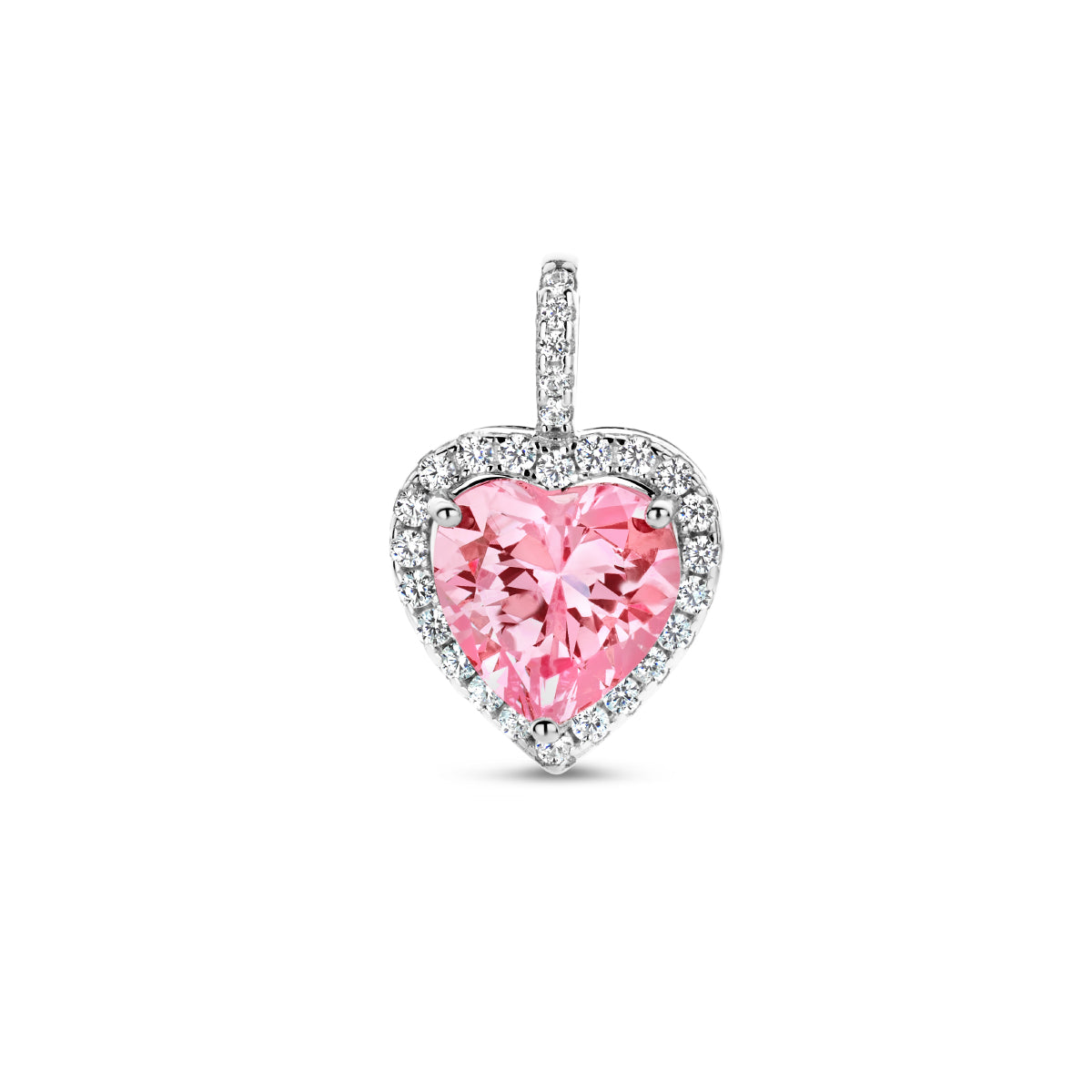 Vooraanzicht van de 925 gerhodineerd zilveren hart hanger met roze zirkonia, 17 mm hoog en 11 mm breed.