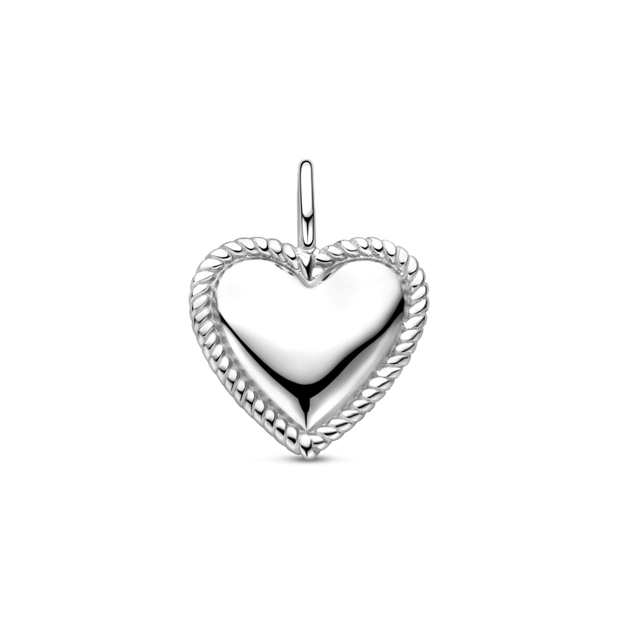 Vooraanzicht van de 925 gerhodineerd zilveren hartje hanger, 19,5 mm hoog en 14,5 mm breed.