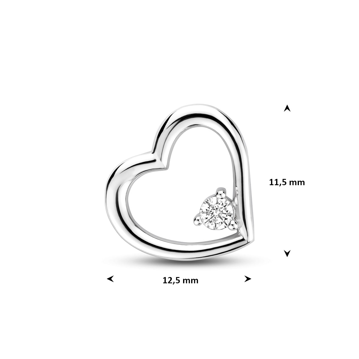Hartje hanger: afmetingen van de gerhodineerd zilveren open hartje hanger met zirkonia, 11,5 mm hoog inclusief oog en 12,5 mm breed.