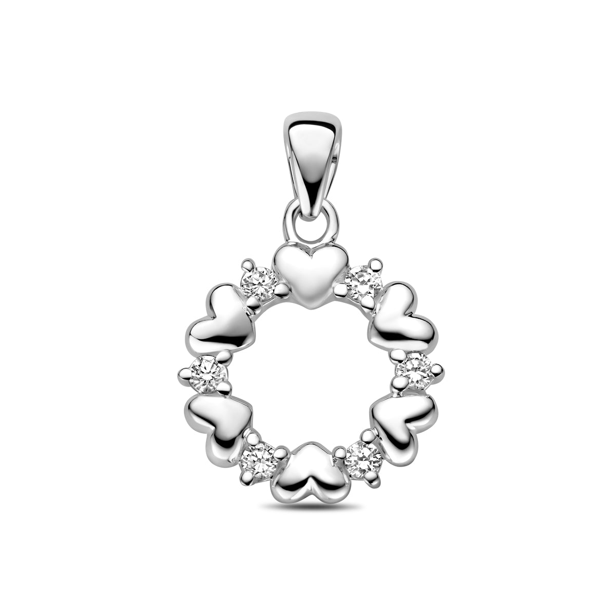Vooraanzicht van de zilveren hartjes hanger met zirkonia.