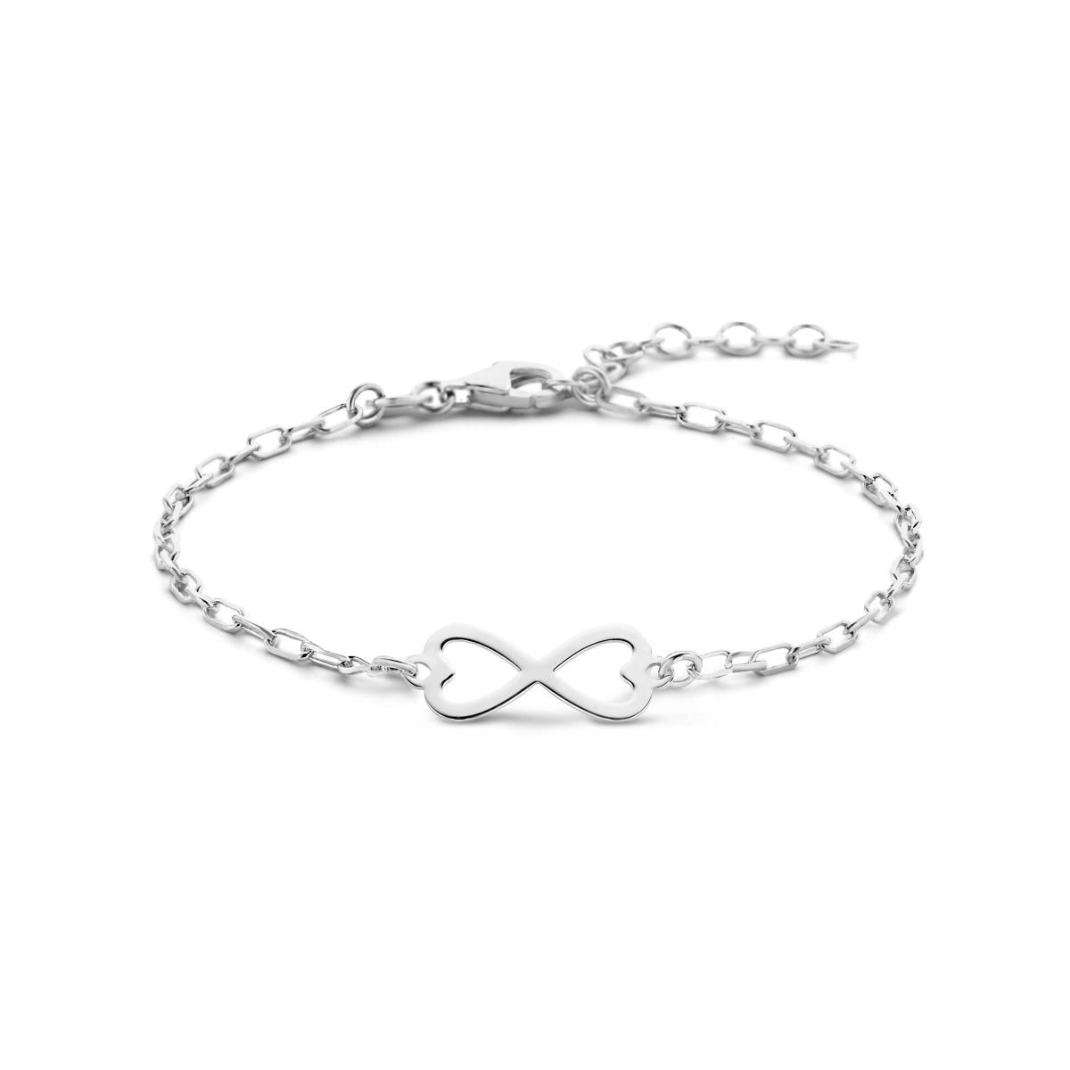 Vooraanzicht van de 925 gerhodineerd zilveren infinity armband, 7 mm hoog en 15 mm breed.