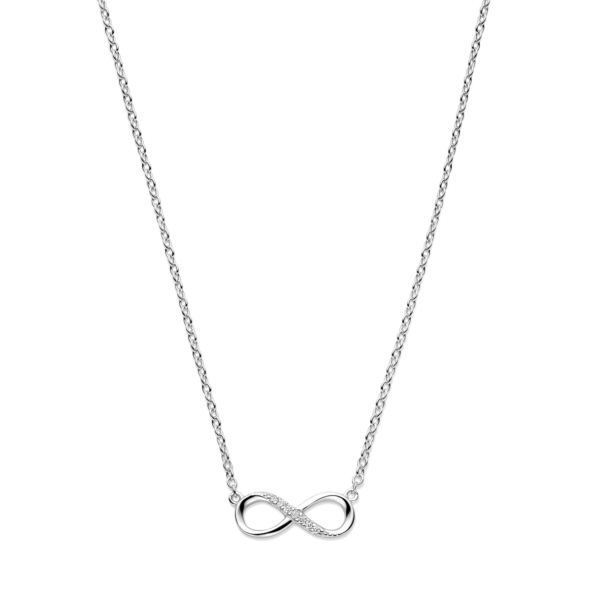 Vooraanzicht van de 925 gerhodineerd zilveren infinity ketting met zirkonia, 6 mm hoog en 15 mm breed.