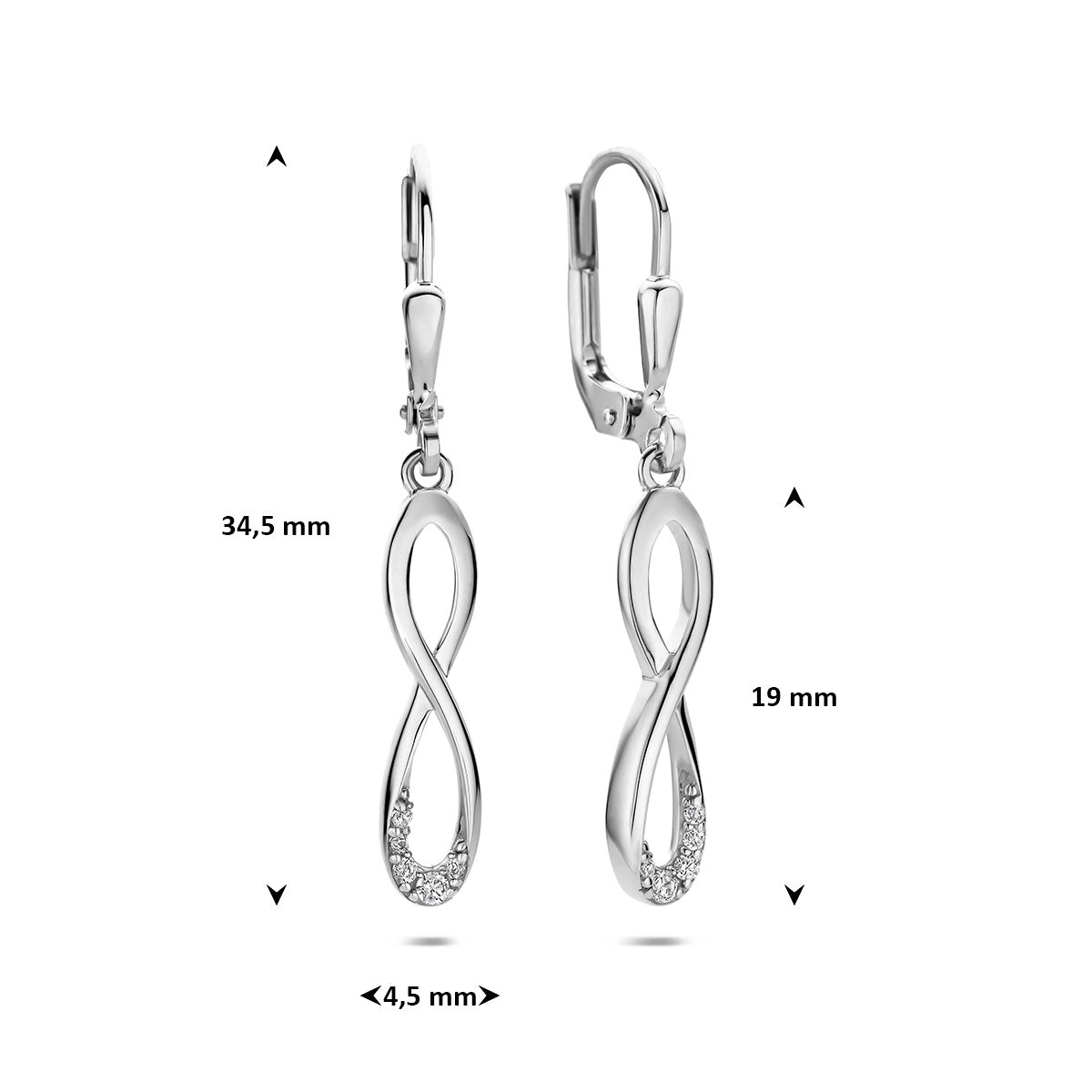 Zilveren oorhangers: afmetingen van de 925 gerhodineerd zilveren infinity oorhangers met zirkonia, 34,5 mm hoog en 4,5 mm breed.