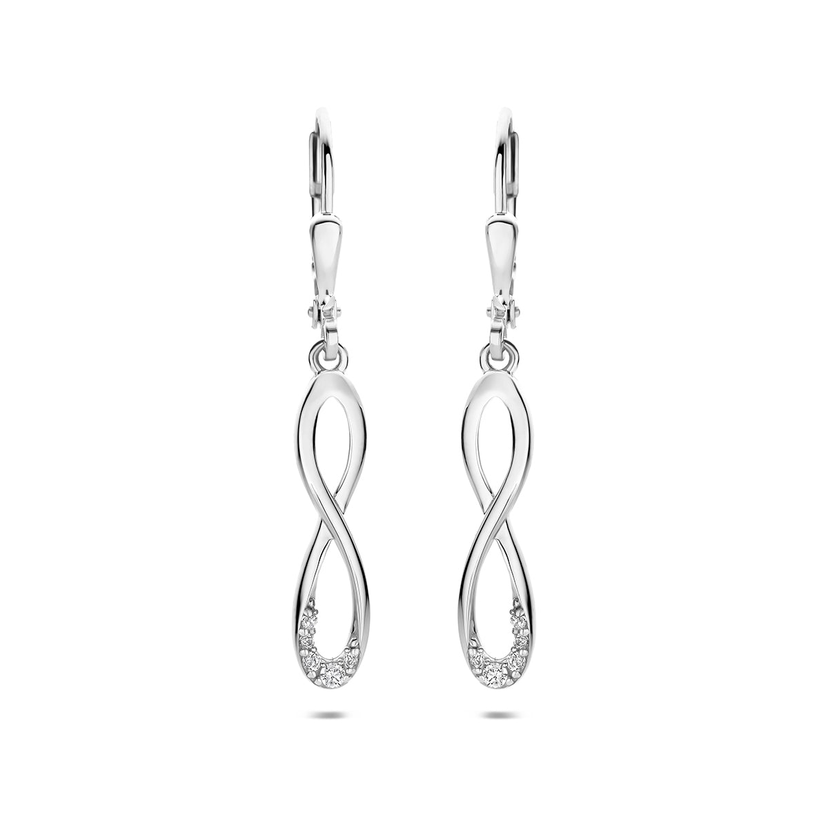 Zilveren oorhangers: voor- en zijaanzicht van de 925 gerhodineerd zilveren infinity oorhangers met zirkonia.