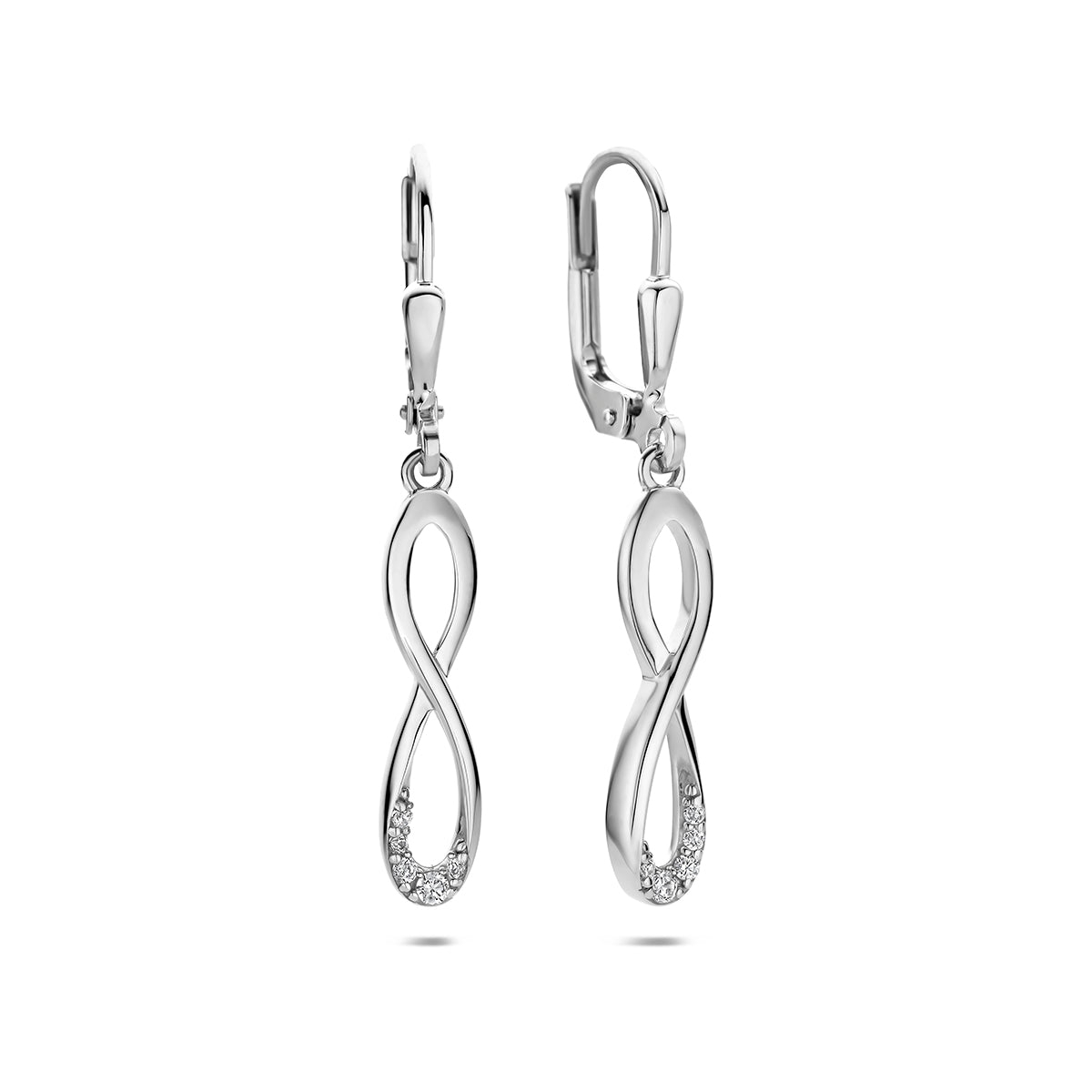 Zilveren oorhangers: vooraanzicht van de 925 gerhodineerd zilveren infinity oorhangers met zirkonia.