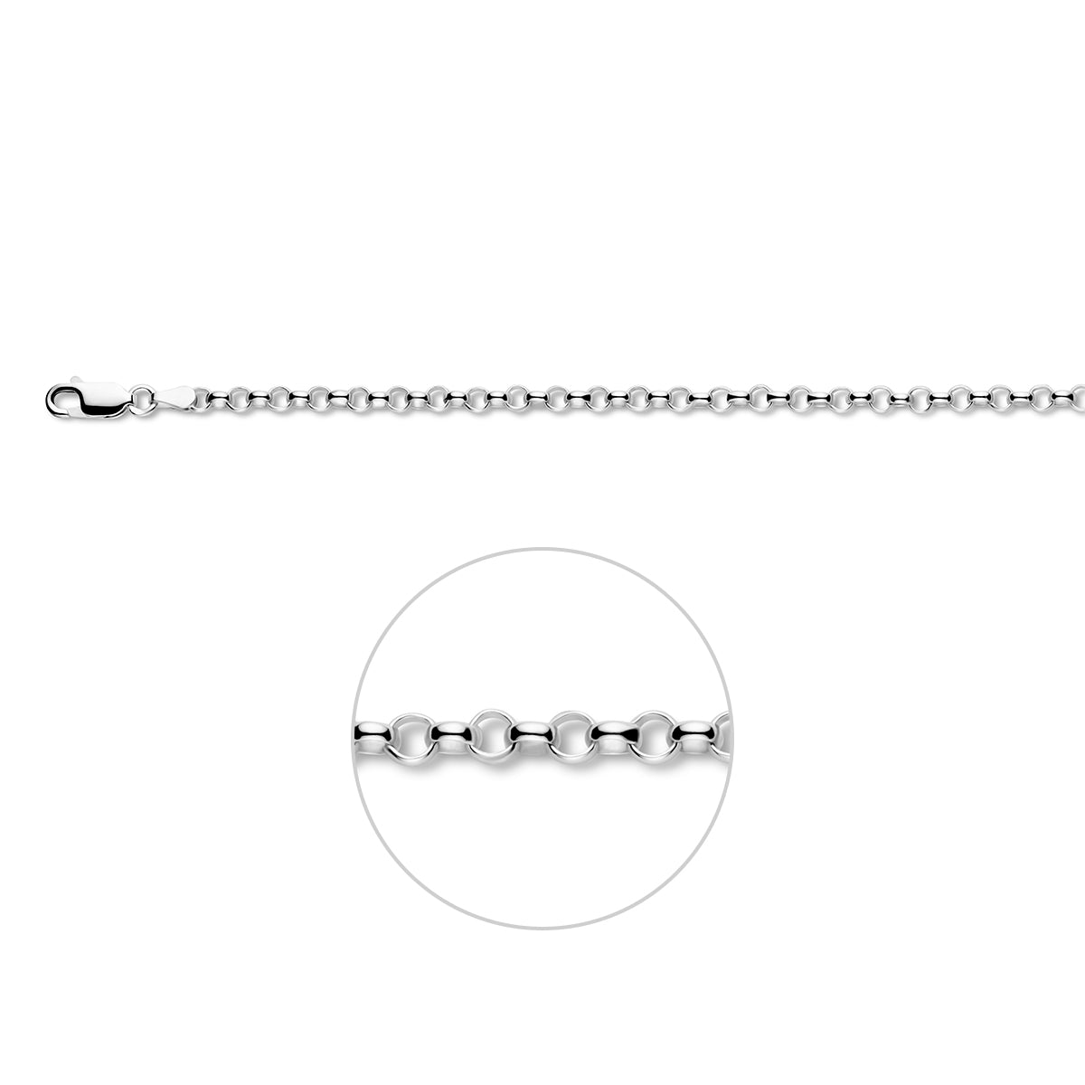 Zilveren jasseron ketting: 925 gerhodineerd zilveren jasseron halsketting van 3,6 mm breed, vooraanzicht