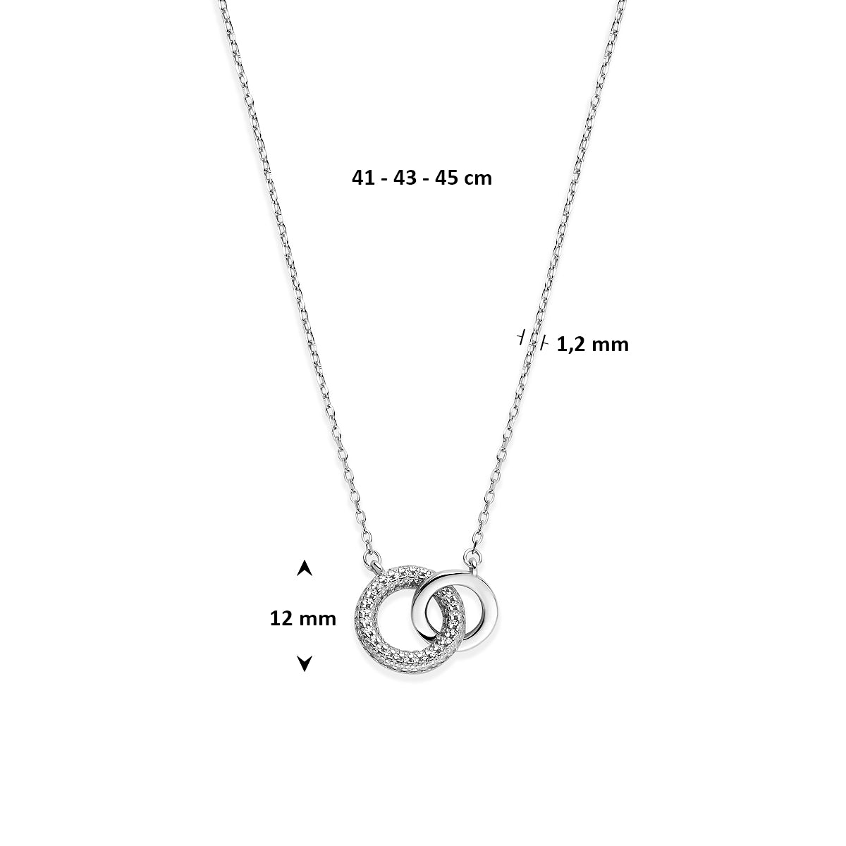Zilveren ketting met zirkonia: afmetingen van de 925 gerhodineerd zilveren ketting met cirkels en zirkonia, lengte 41 - 43 - 45 cm (verstelbaar).