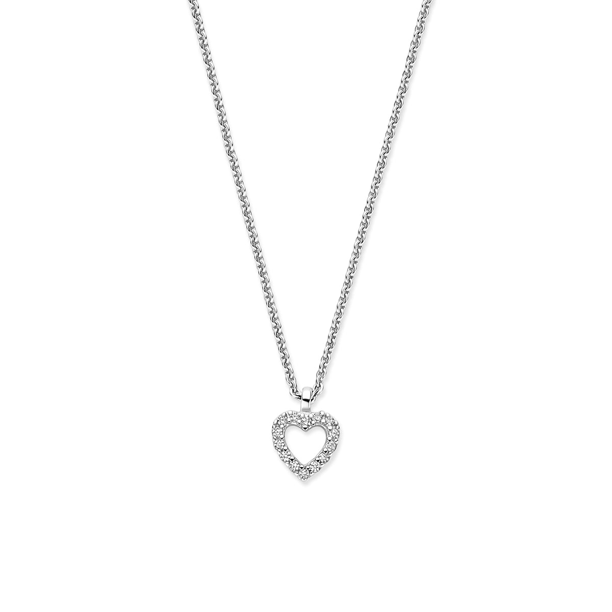 Vooraanzicht van de 925 gerhodineerd zilveren ketting met hartje en zirkonia, 9 mm hoog en 6 mm breed.