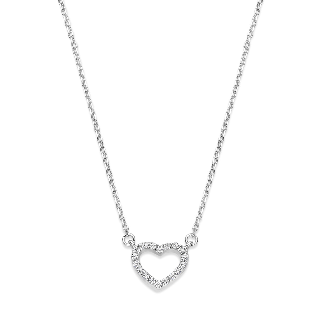 Vooraanzicht van de zilveren ketting met open hartje en zirkonia.