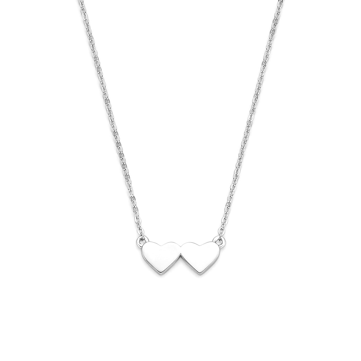 Vooraanzicht van de 925 gerhodineerd zilveren ketting met twee hartjes, 6,5 mm hoog en 15 mm breed.