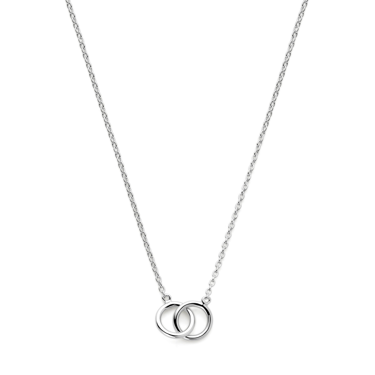 Vooraanzicht van de 925 gerhodineerd zilveren ketting verbonden cirkels, 40 cm lang met verlengstuk tot 44 cm.