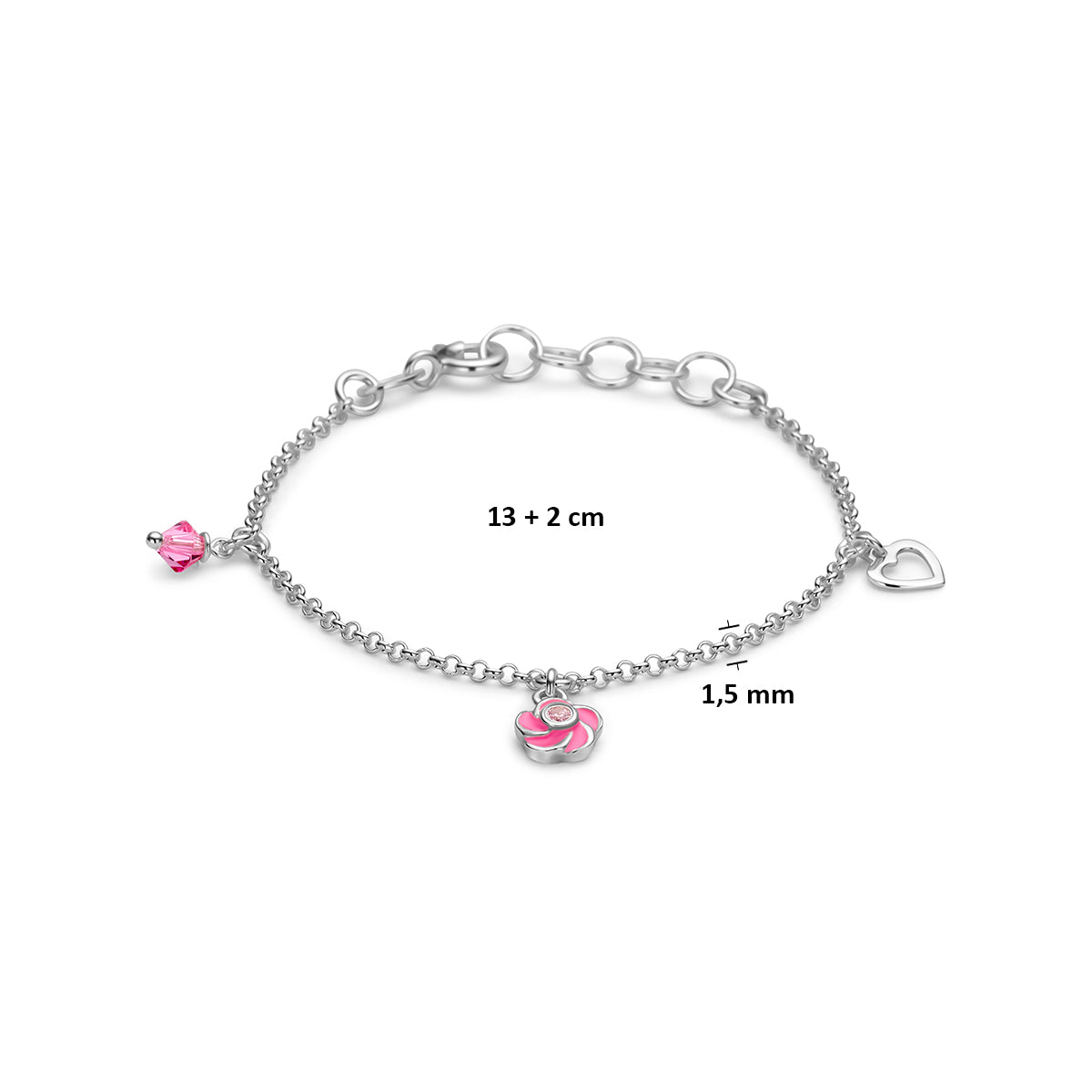 Kinderarmband met bedels: afmetingen van de gerhodineerd zilveren kinderarmband met roze bloem en bedels.