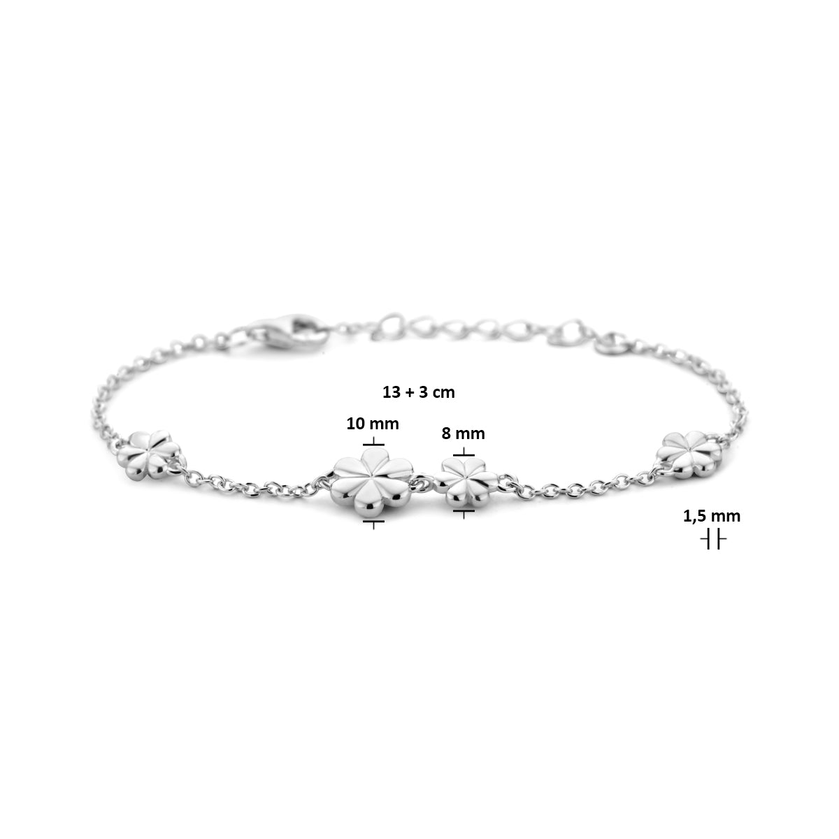 Afmetingen van de zilveren kinderarmband met bloemetjes: 13 cm lang met 3 cm verlengstuk.