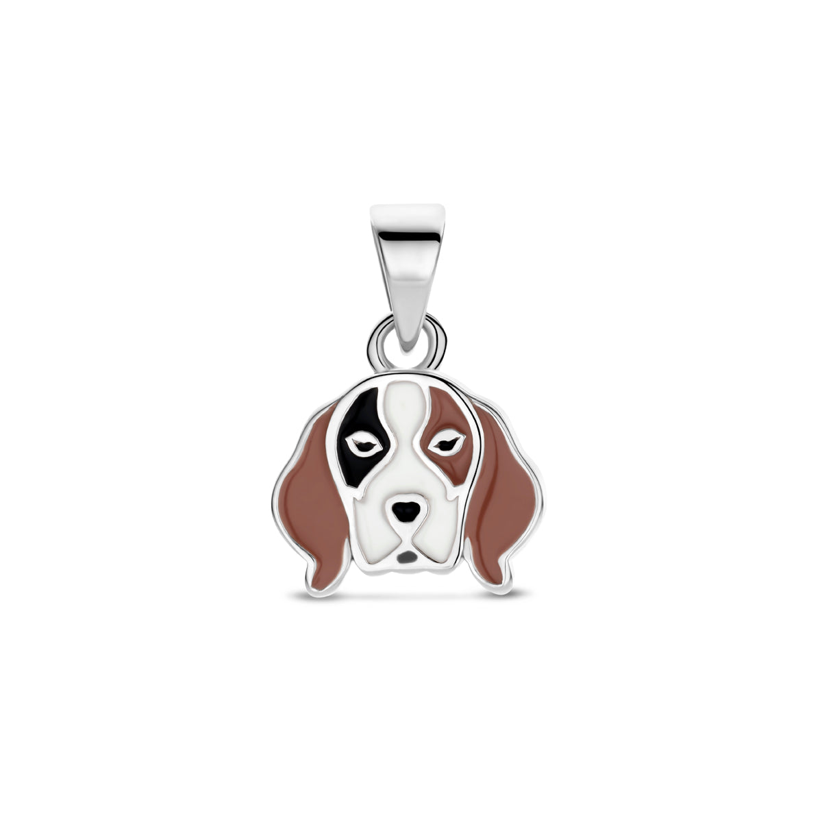 Vooraanzicht van de 925 gerhodineerd zilveren kinderhanger hondje met emaille, 14 mm hoog en 10 mm breed.